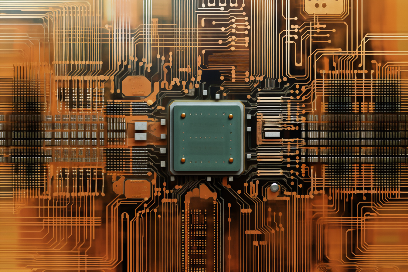 An abstract representation of the inside of a computer chip with a metallic color palette